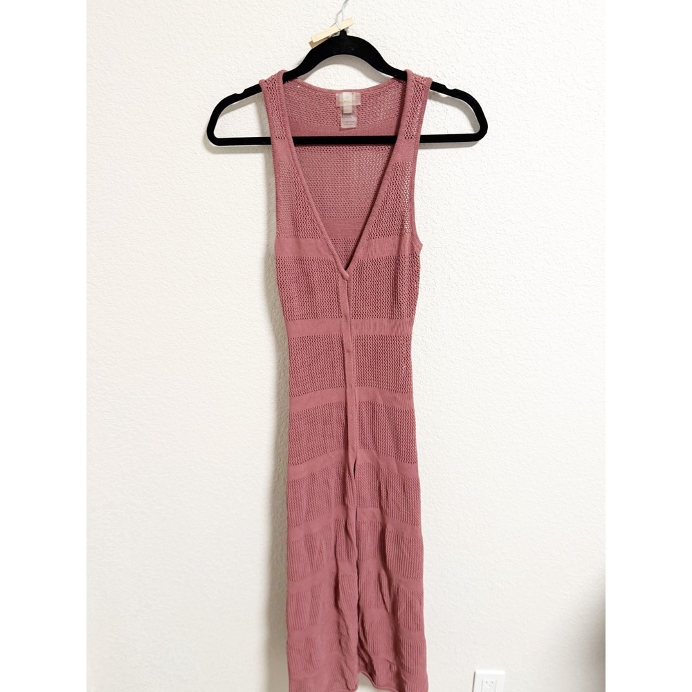 PilyQ Crochet Knit Maxi Dress Cover Up V Neck Sleeveless‎ Dusty Rose Pink XS/S